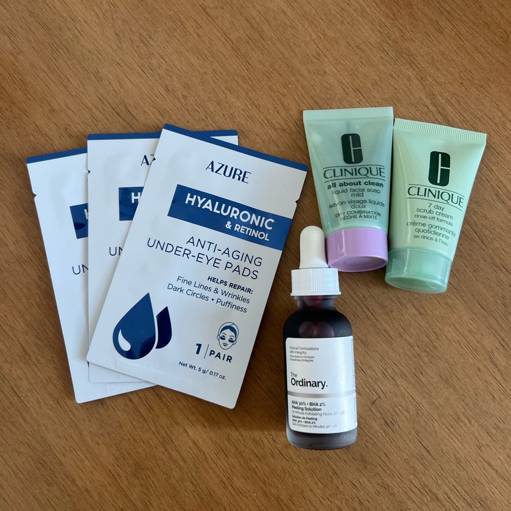 The Ordinary peeling solution Clinique face wash & under eye masks -skincare lot